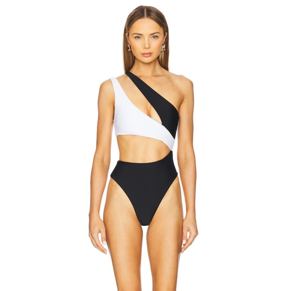 NEW lovewave The Tenzin One Piece Black White Cutout One Shoulder Swimsuit Large